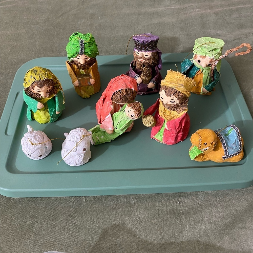 Vintage Nativity paper mache Mary baby Jesus hand made hand painted set of 9 XT